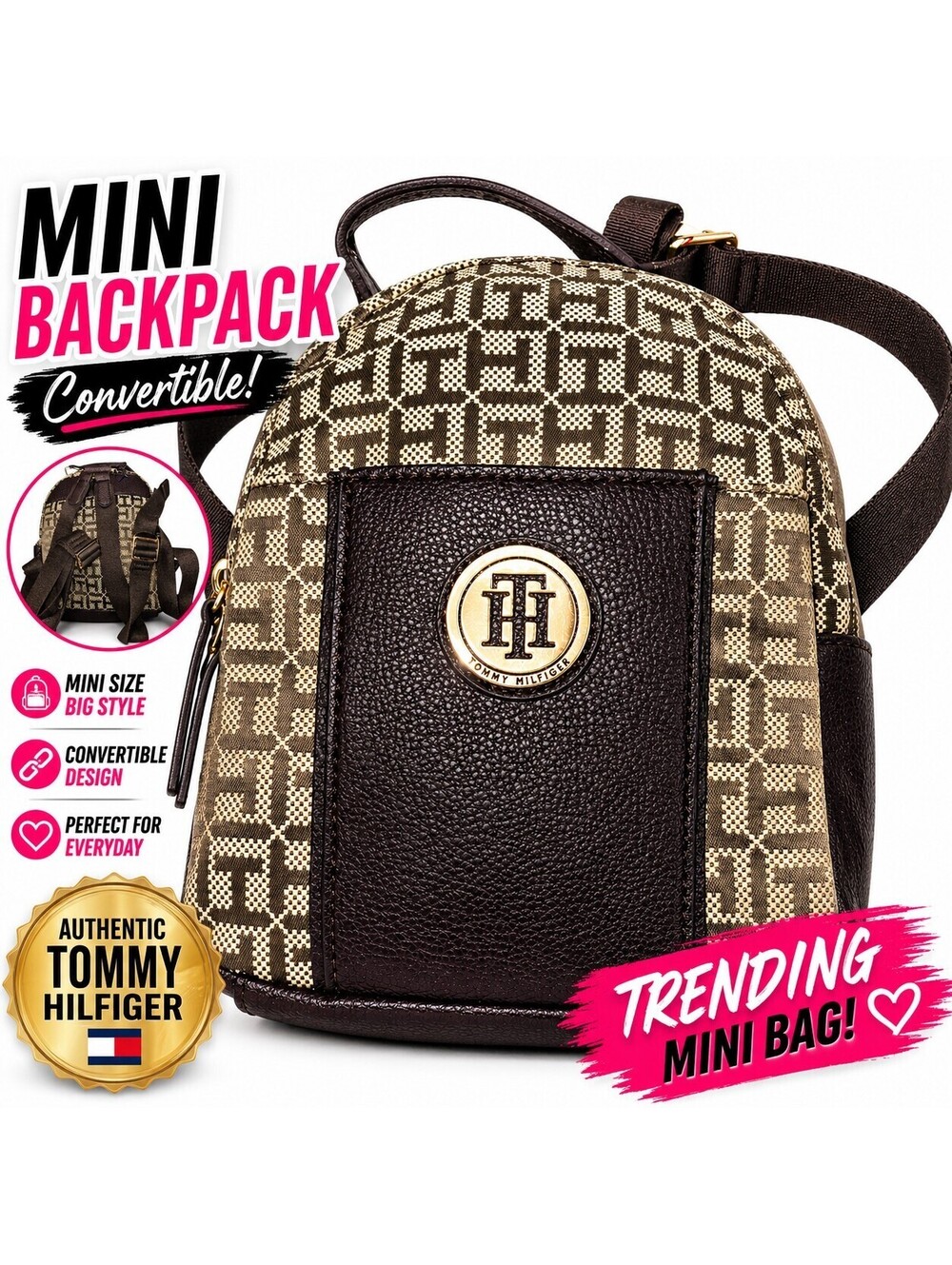 Tommy Hilfiger Mini Backpack Brown Monogram TH Logo Crossbody Bag Convertible...